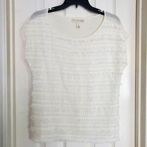 Emaline Cream Fringe Lace Overlay Cap Sleeve Knit Top PM Ivory Boho Blouse